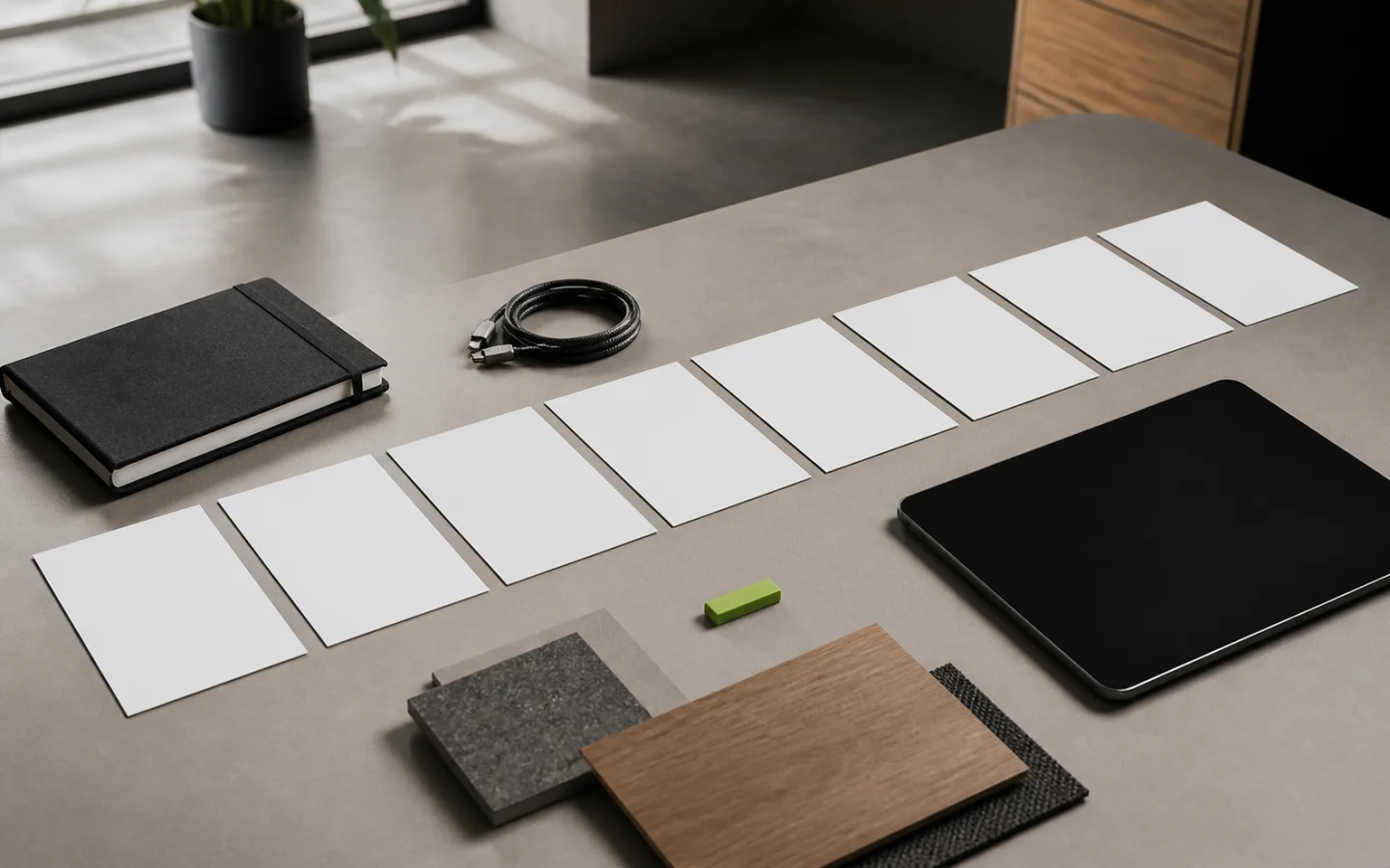 Arbeitsstation mit acht markierten Prozesspunkten, Tablet und genutztem Material für den Websiteablauf