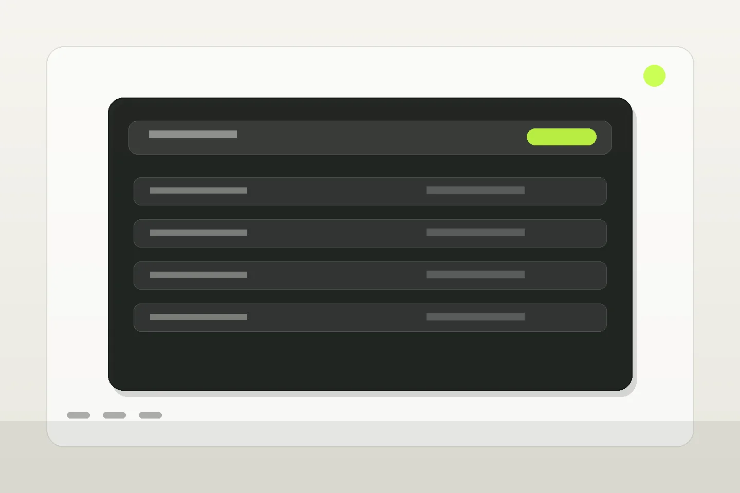 Dunkle Adminbereich-Anmutung mit neutralen Zeilen und hervorgehobener Aktion ohne lesbaren Text
