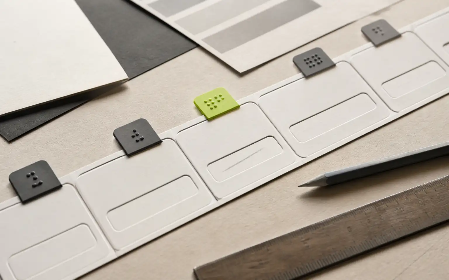 Taktile Formularkarten, Fokusmarken, Bleistift und Holzlineal auf einem Arbeitstisch.