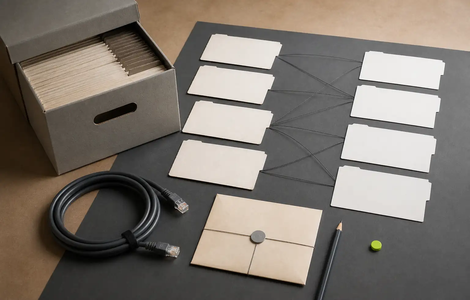 Archivbox, leere alte und neue Seitenkarten, Kabel und Verbindungslinien für einen geplanten Websitewechsel.
