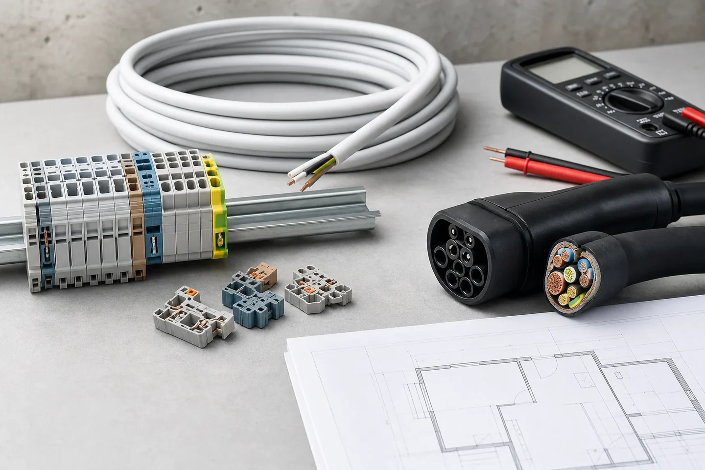 Typisches Arbeitsmaterial für Elektrobetriebe