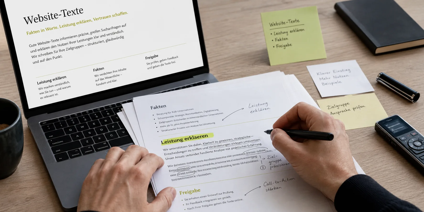 Hände an Textunterlagen, Laptop und markierten Leistungsangaben
