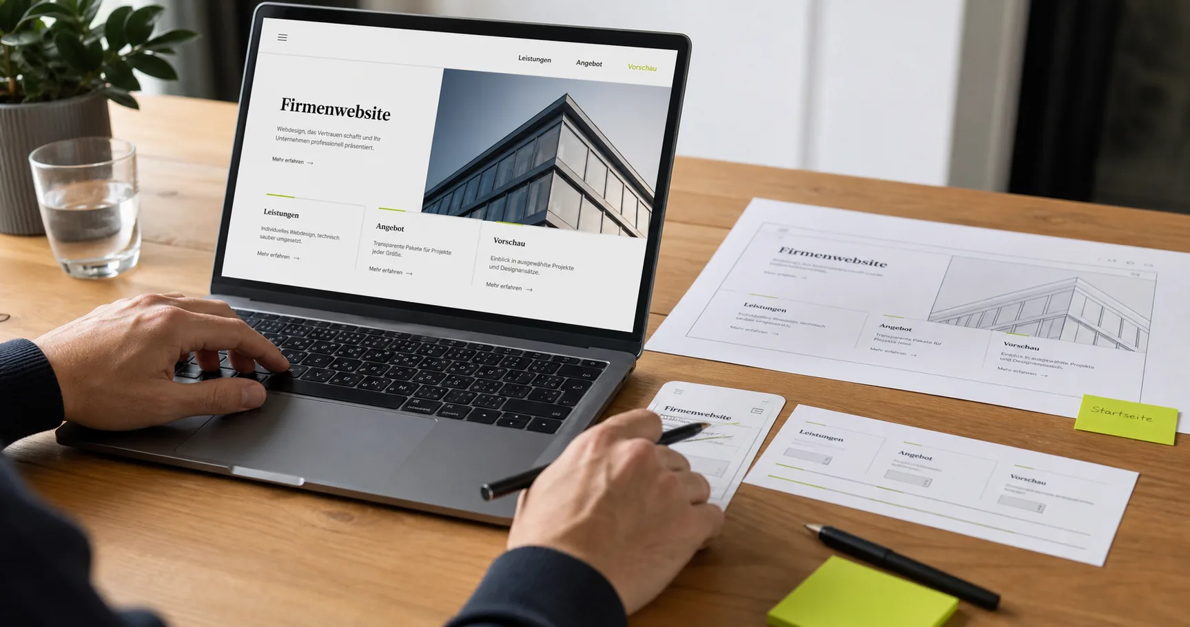 Hände an Laptop, Papierbogen und Smartphone mit einer Website-Vorschau