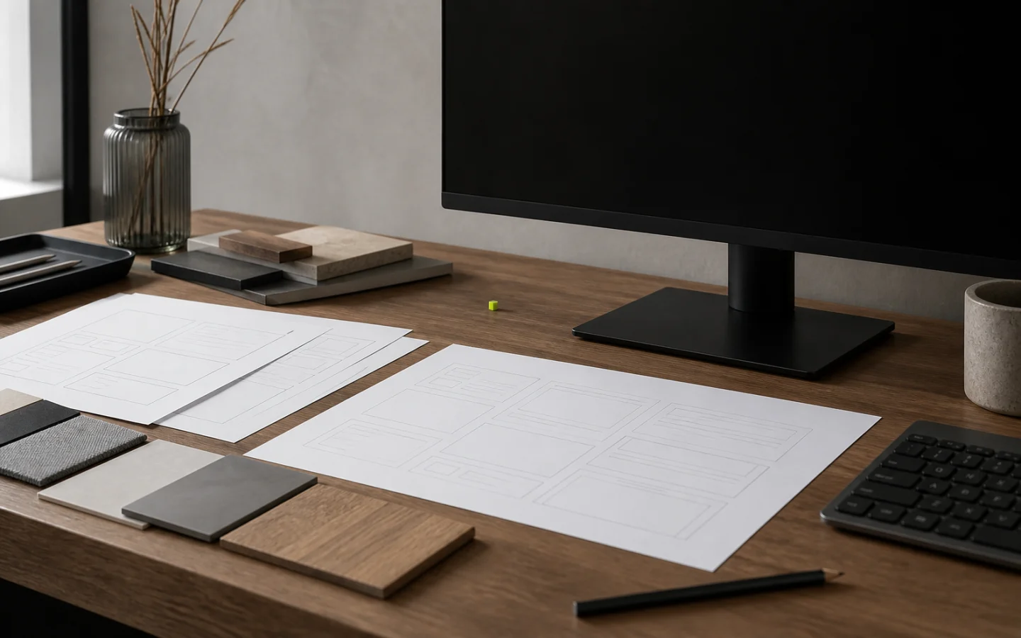 Webdesign-Arbeit mit Rasterblättern und Materialmustern