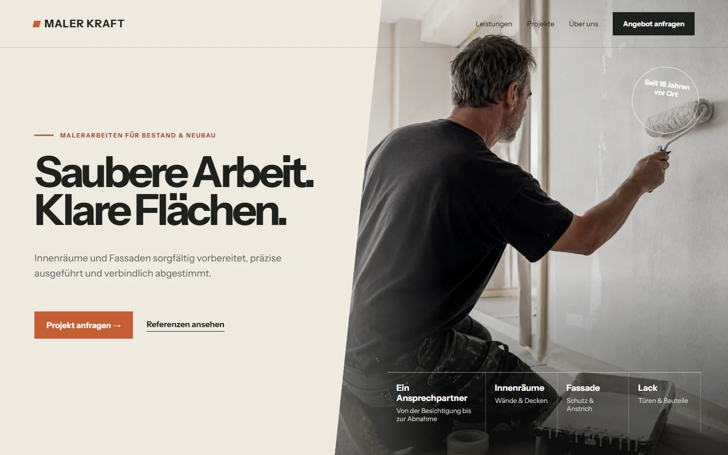 Website-Entwurf mit großem Projektmotiv und klarer Leistungsnavigation.