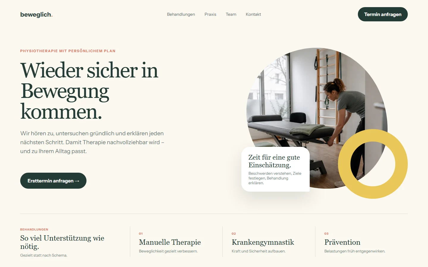 Website-Entwurf mit ruhiger Bildsprache und direktem Terminweg.