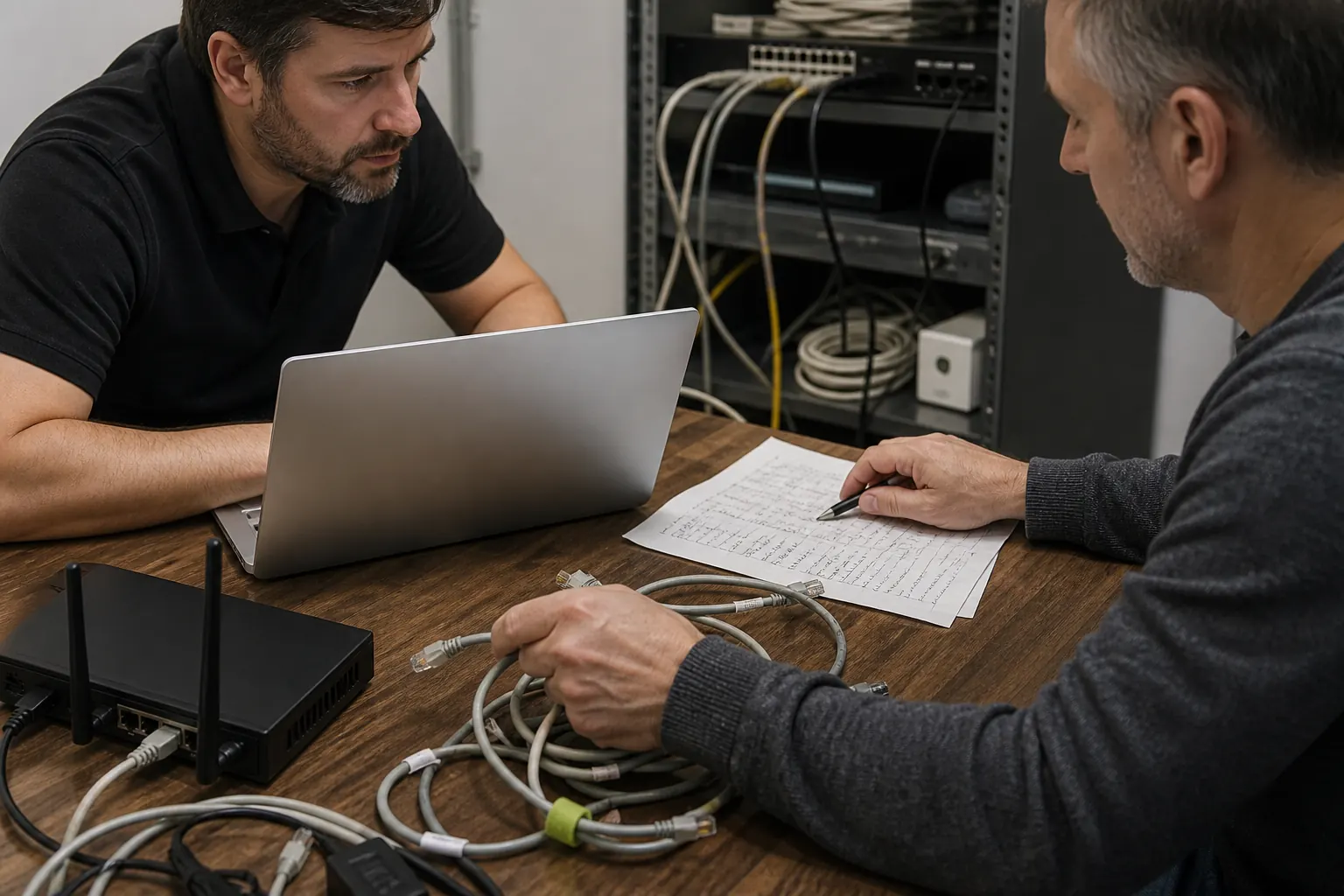 Zwei Personen schauen auf Router, Kabel, geschlossenen Laptop und markierte Notizen.