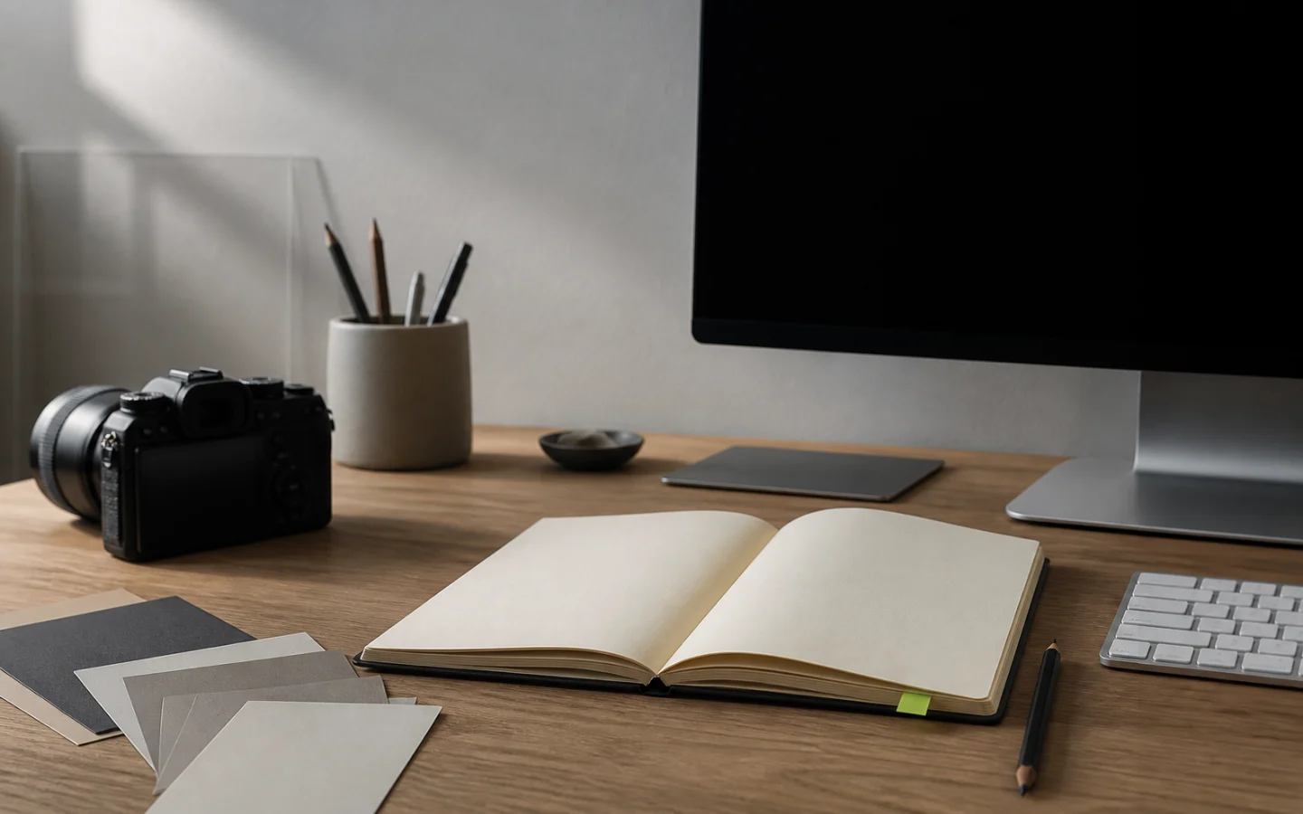 Werkbank mit genutztem Arbeitsmaterial, Kamera und Monitor als Motiv für verantwortliche Websitearbeit